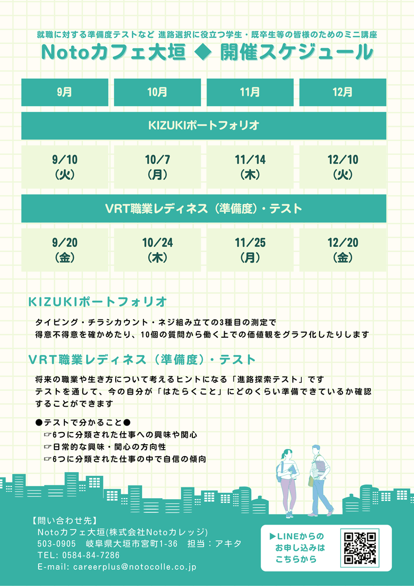 就職に対する準備度テストなど 進路選択に役立つ学生・既卒生等の皆様のためのミニ講座 Notoカフェ大垣◆開催スケジュール | 「KIZUKIポートフォリオ」 9月10日（火）、10月7日（月）、11月14日（木）、12月10日（火） | 「VRT職業レディネス（準備度）・テスト」 9月20日（金）、10月24日（木）、11月25日（月）、12月20日（金） | 「KIZUKIポートフォリオ」 タイピング・チラシカウント・ネジ組み立ての3種目の測定で、得意不得意を確かめたり、10個の質問から働く上での価値観をグラフ化したりします。 / 「VRT職業レディネス（準備度）・テスト」 将来の職業や生き方について、考えるヒントになる「進路探索テスト」です。テストを通じて、今の自分が「はたらくこと」にどのくらい準備できているかを確認することができます。 ●テストで分かること● 6つに分類された仕事への興味や関心、日常的な興味・関心の方向性、6つに分類された仕事の中で自信の傾向 | 【問合せ先】 Notoカフェ大垣（株式会社Notoカレッジ） TEL：0584-84-7286 / 担当：アキタ | LINEからのお申込みが簡単です。下記QRコードよりお友達登録後お申込みください。